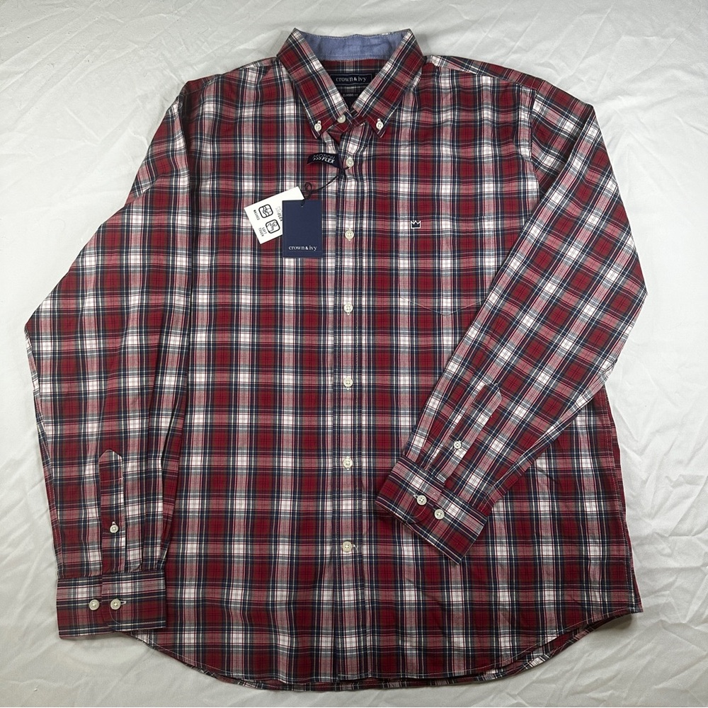 Crown & Ivy BNWT Men’s Red Plaid Classic Fit Button Down Size L - 263